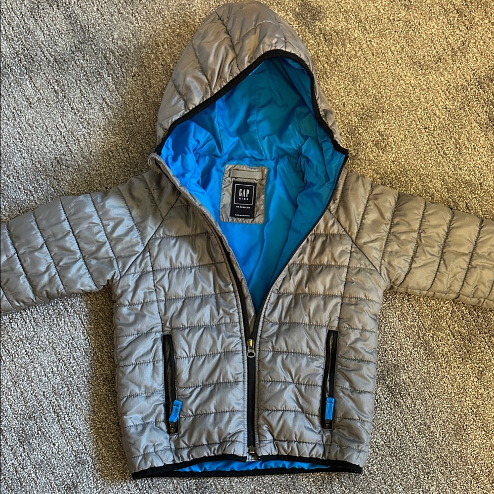 GAP Kids Silver Puffer Jacket with Bright Blue Interior